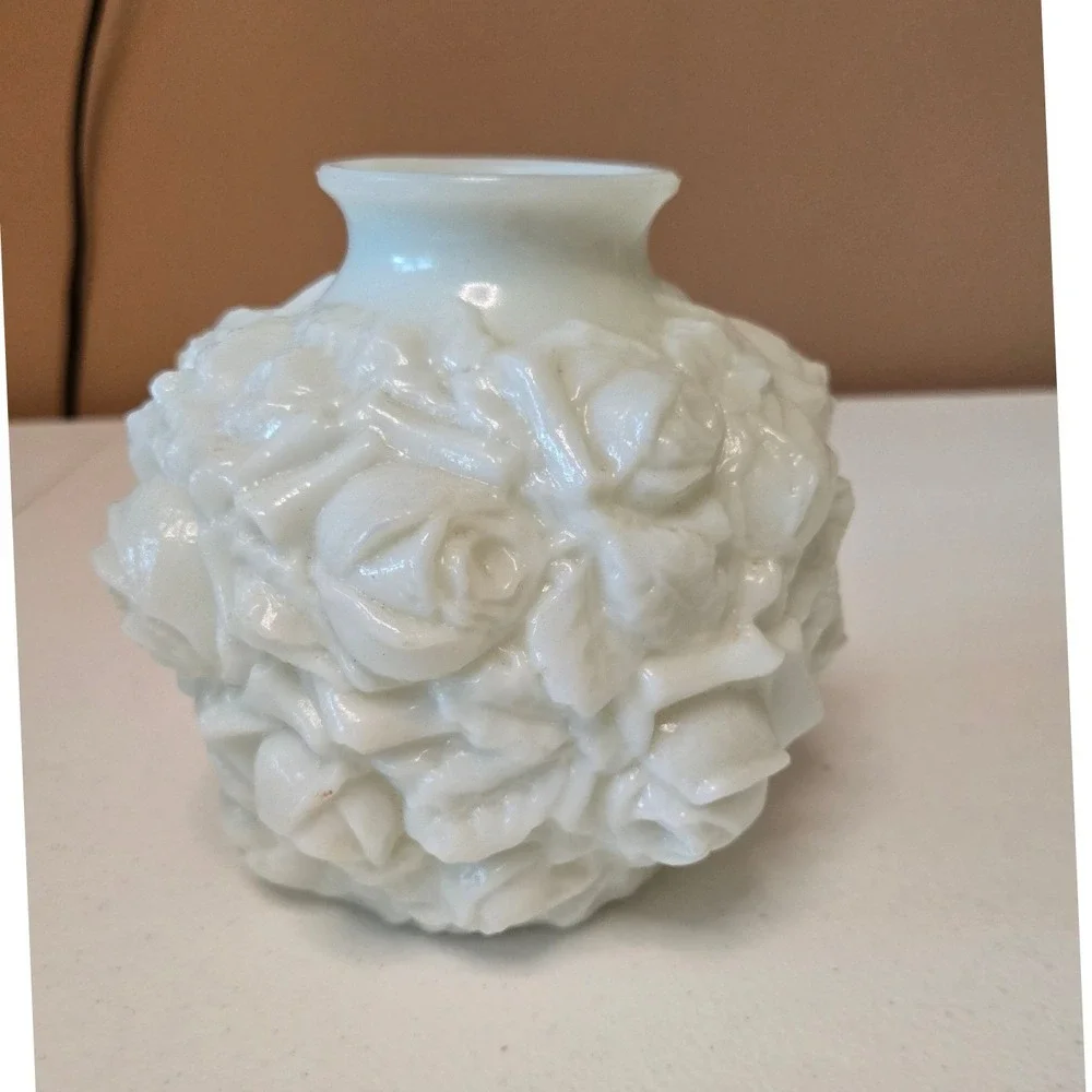 Vintage White Milk Glass Rose Bud Vase Embossed Floral Globe 4.5 inch